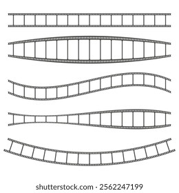 Filmstrip vector set. Curved movie roll. Cinematic design elements. Photography concept shapes.