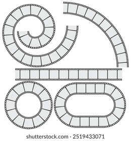 Filmstrip vector set. Spiral and oval frames. Curved movie reels. Cinematic graphic elements.