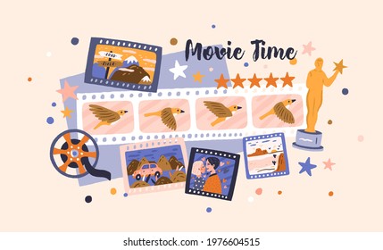 Filmstrips and cinema award for best festival film. Hollywood prize winners in cinematography industry. Video production, cine theater, and movie time concept. Colored flat vector illustration