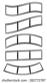 Filmstrips, film frames with different distortions (arcing, waving) isolated on white.