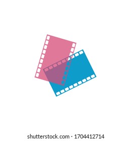 Filmstrips icon in blue and pink colors. Film or Media Icon. Play button. Cinema strip. TV Movie entertainment symbol. Stock Vector illustration isolated on white background.