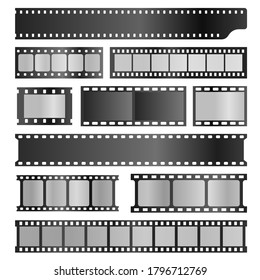 Filmstrips realistic set. Film or photograph frames, stripes, photo negative, projector, movie, cinema production, reel, multimedia, cinematography. Vector filmstrips isolated on white background.