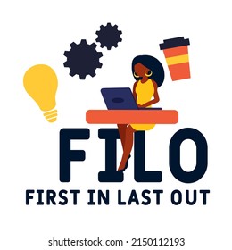 FILO - First In Last Out acronym. business concept background. vector illustration concept with keywords and icons. lettering illustration with icons for web banner, flyer, landing pag