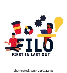 FILO - First In Last Out acronym. business concept background. vector illustration concept with keywords and icons. lettering illustration with icons for web banner, flyer, landing pag