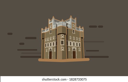 Fils Fort, Seiyun City in Yemen Flat illustration