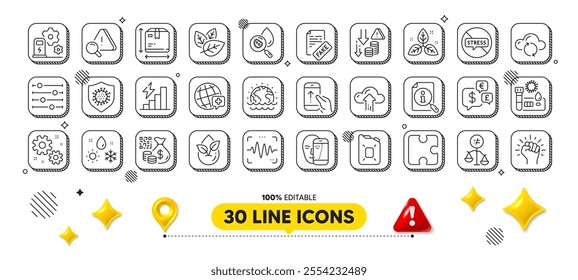 Filter, Canister oil and Qr code line icons pack. 3d design elements. World medicine, Water analysis, Swipe up web icon. Voice wave, Coronavirus, Organic product pictogram. Vector