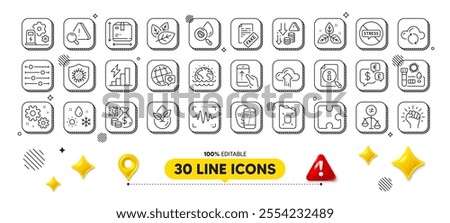 Filter, Canister oil and Qr code line icons pack. 3d design elements. World medicine, Water analysis, Swipe up web icon. Voice wave, Coronavirus, Organic product pictogram. Vector