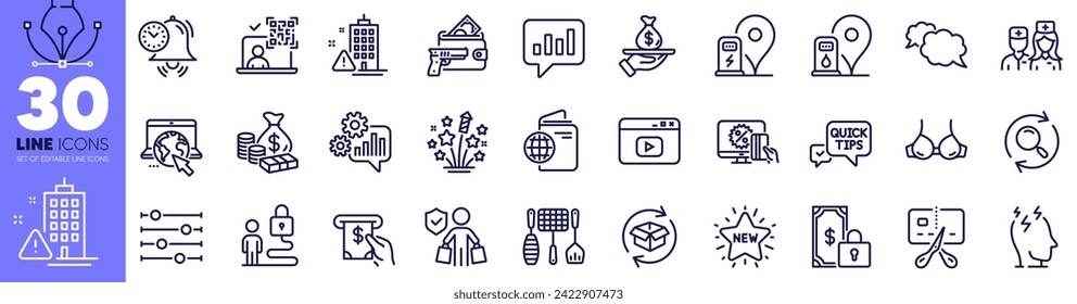 Filter, Charging station and Building warning line icons pack. Online shopping, Atm service, Doctor web icon. Bra, Analytical chat, Return parcel pictogram. Time management, Cogwheel. Vector