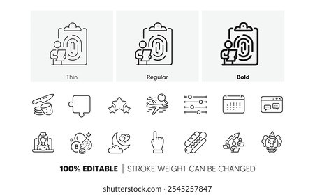 Filtro, Clique mão e Puzzle linha ícones. Pacote de Calendário, Gráfico de trabalho em equipe, Ícone de voo de pesquisa. Ácido pantotênico, impressão digital, pictograma da noite de amor. Hotdog, Telemedicina, Palhaço. Ícones de linha. Vetor