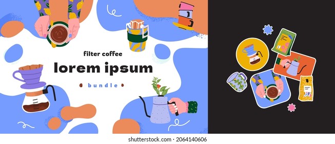 Filter Coffee Banner Concept With Empty Space In The Middle. Sticker Pack With Packaging, Kettle, Pot, Hands Holding A Cup. Vector Stationary For Cafe Or Custom Roasted Coffee House. 