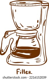 Filter coffee icon. Doodle vector illustration, small drip coffeemaker compact coffee pot brewer machine. Can be used for coffee house, posters, signs.