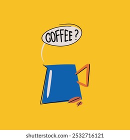 Filter coffee kettle. Colorful line art illustration. Comic bubble with text “Coffee?” Vector illustration for coffee shops, cafes, and restaurants.