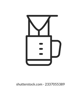 Filter Coffee Maker Icon. Vector Line Illustration of Metal French Press with Coffee Cup for Brewing Coffee.