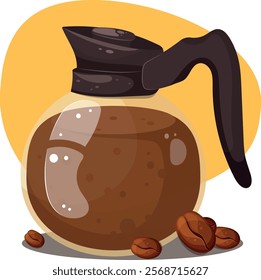 Filter coffee in a teapot with coffee beans, hot drink. Drink vector illustration design.