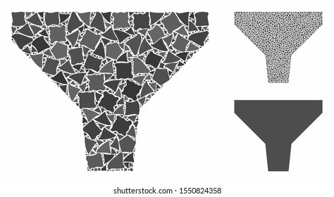 Filter composition of ragged parts in various sizes and color tones, based on filter icon. Vector ragged dots are organized into collage. Filter icons collage with dotted pattern.