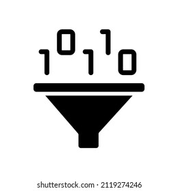 Filtro para el icono de glifo negro de minería de datos. Código binario y embudo. Analizar la tecnología para el procesamiento de datos. Ordenar información virtual. Símbolo de silueta en el espacio blanco. Ilustración aislada del vector
