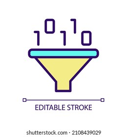 Filter for data mining RGB color pixel perfect icon. Binary code and funnel. Technology for data processing. Isolated vector illustration. Simple filled line drawing. Editable stroke. Arial font used