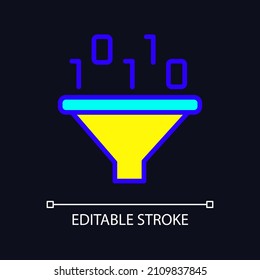 Filter for data mining RGB color pixel perfect icon for dark theme. Binary code. Technology for data processing. Simple filled line drawing on night mode background. Editable stroke. Arial font used