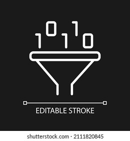 Filter for data mining white linear pixel perfect icon for dark theme. Thin line customizable illustration. Isolated vector contour symbol for night mode. Editable stroke. Arial font used