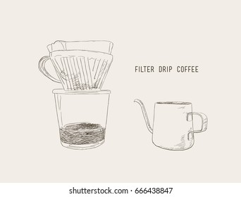 filter drip coffee, filter drip and kettle sketch vector.