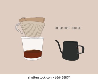 filter drip coffee, filter drip and kettle sketch vector.