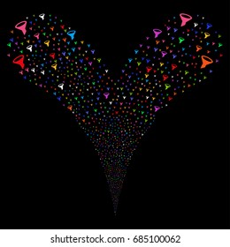 Filter explosive stream. Vector illustration style is flat bright multicolored iconic filter symbols on a black background. Object fountain created from random pictographs.