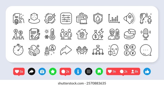 Filter, Face protection and Electronic thermometer line icons pack. Social media: share, comment, like icons. Money currency, Thermometer, Safe time web icon. Vector