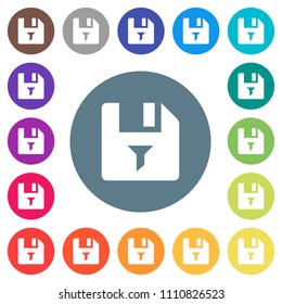 Filter file flat white icons on round color backgrounds. 17 background color variations are included.