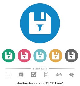 Filter file flat white icons on round color backgrounds. 6 bonus icons included.