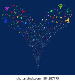 Filter fireworks stream. Vector illustration style is flat bright multicolored iconic symbols on a blue background. Object double fountain created from random design elements.