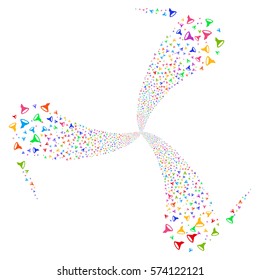 Filter fireworks swirl rotation. Vector illustration style is flat bright multicolored iconic symbols on a white background. Object whirl done from random pictographs.