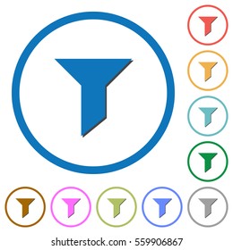 Filter flat color vector icons with shadows in round outlines on white background