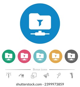 Filter FTP remote directory flat white icons on round color backgrounds. 6 bonus icons included.