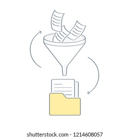 Filter funnel, document or information filtering concept to folder, big data filter, data tunnel, analysis. Flat outline isolated vector illustration of website element on white.