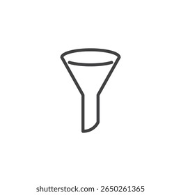 Icono de línea de embudo de Filtrar en estilo de Vector de contorno. Representa un embudo clásico utilizado para Filtrar de resultados o datos. Un icono de ordenación y un símbolo de control.