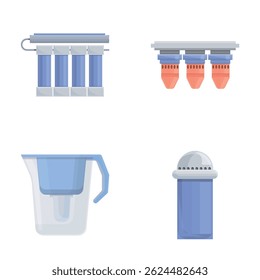 Conjunto de iconos de hardware Filtrar Vector de dibujos animados. Sistema de purificación y filtración. Agua limpia
