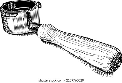 Filter holder for espresso coffee machines, wooden handle. Series of objects for making coffee. Black and white vector illustration isolated on white background.