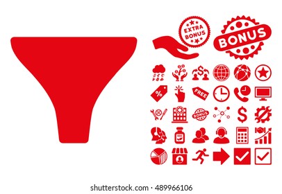 Filter icon with bonus pictogram. Vector illustration style is flat iconic symbols, red color, white background.