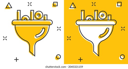 Filter icon in comic style. Funnel cartoon vector illustration on white isolated background. Chemical cone splash effect business concept.