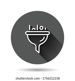 Filter icon in flat style. Funnel vector illustration on black round background with long shadow effect. Chemical cone circle button business concept.