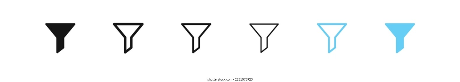 Icono de filtro. Signo de embudo. Símbolo de filtrado. Ordenando iconos. Color negro y azul. Signo aislado del vector.