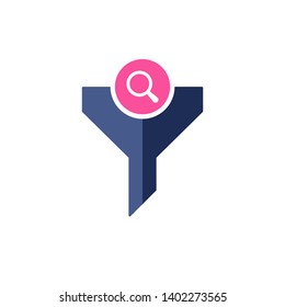 Filter icon with research sign. Funnel icon and explore, find, inspect symbol 