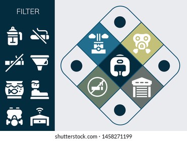 filter icon set. 13 filled filter icons.  Collection Of - Boxing helmet, Gas mask, Garage, Aquarium, Water tank, No smoking, Funnel, French press, Chimney