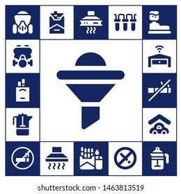 filter icon set. 17 filled filter icons.  Collection Of - Gas mask, Cigarettes, Funnel, French press, Garage, No smoking, Cigarette, Hood, Extractor hood, Filter, Water tank