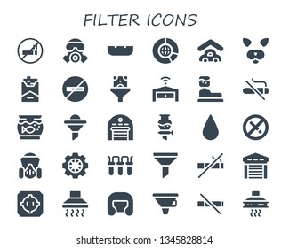 filter icon set. 30 filled filter icons.  Collection Of - No smoking, Gas mask, Ashtray, Big data, Garage, Filter, Cigarette, Funnel, Water tank, Aquarium, Blur, Data, Dohyo, Hood