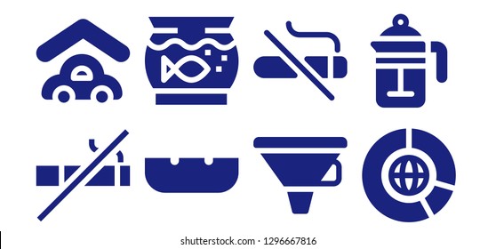  filter icon set. 8 filled filter icons. Simple modern icons about  - No smoking, Garage, Ashtray, Aquarium, Funnel, Big data, French press