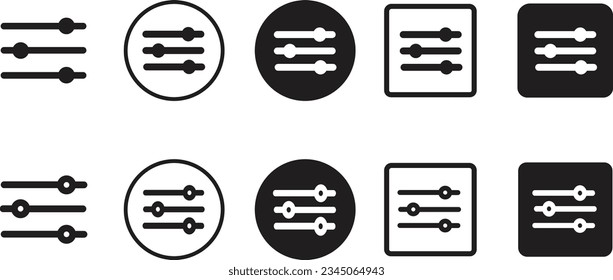 Filter icon set for apps and website. Sound or music control pictogram. Custom filter ui button. Settings bar glyph icon for web template and app. design on white background.