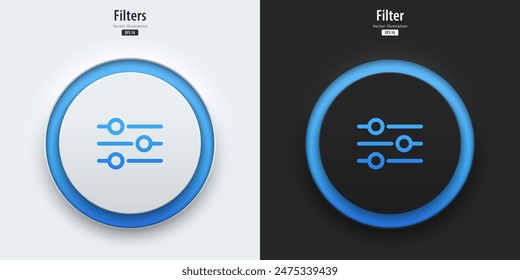 Filter icon. A set of black and white buttons have blue neon lights with a filter symbol. Icon in trendy neumorphic style for apps, websites, and interfaces.  UI UX element. Vector illustration.