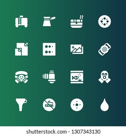 filter icon set. Collection of 16 filled filter icons included Blur, No smoking, Funnel, Gas mask, Aquarium, Filter, Strainer, Photography, Data, Ashtray, Water tank