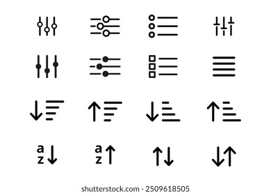 Ícone Filtrar. Sinal de classificação. Classificar e filtrar conjunto de vetores. Ícones isolados de filtragem e classificação. Botão Configurações.